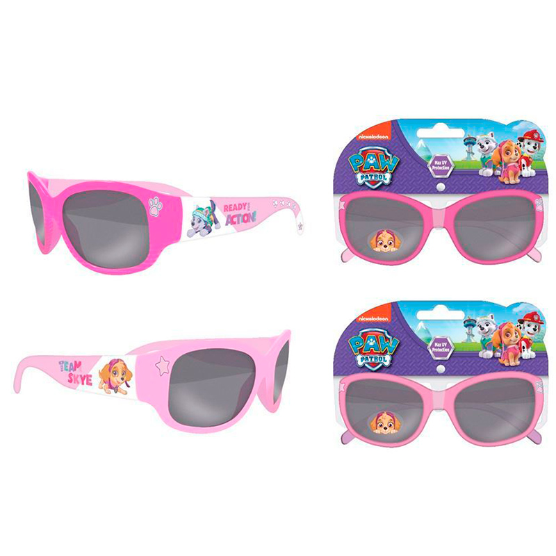 Óculos de sol em tons de rosa com proteção contra raios UV, bem como ilustrações da personagem Skye da Patrulha Pata.