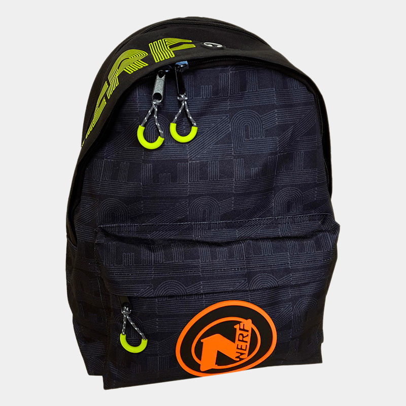 Mochila escolar de 42 cm com uma bolsa de grande dimensão e bolsas frontal com zíper personalizado, bem como ilustrações da Nerf.