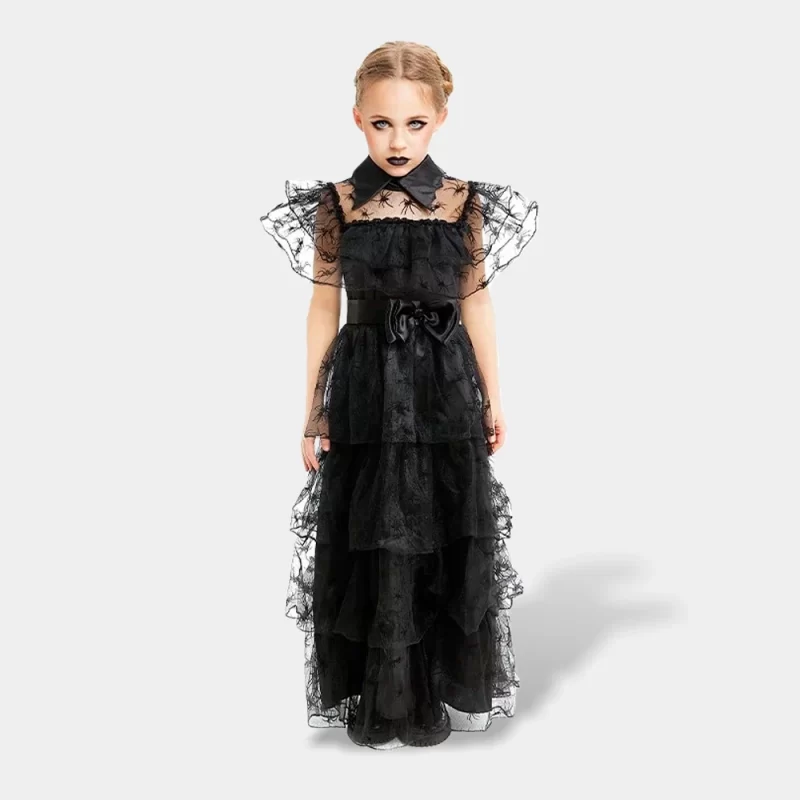 Vestido Tule Inspiração Wednesday Addams de 5 a 12 Anos | vista de frente