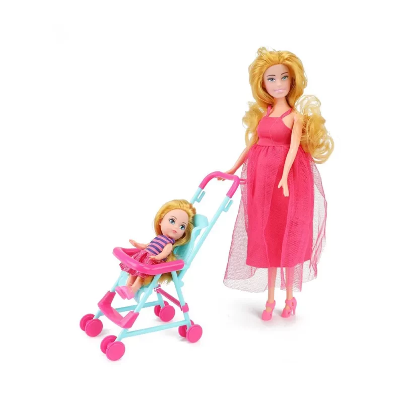 Boneca Lauren Grávida C/Filha no Carrinho | Boneca com carrinho de bebé