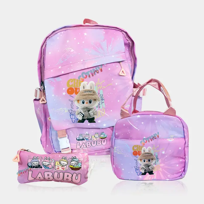 Conjunto Escolar Labubu Rosa_Mochila_Saco Térmico_Estojo