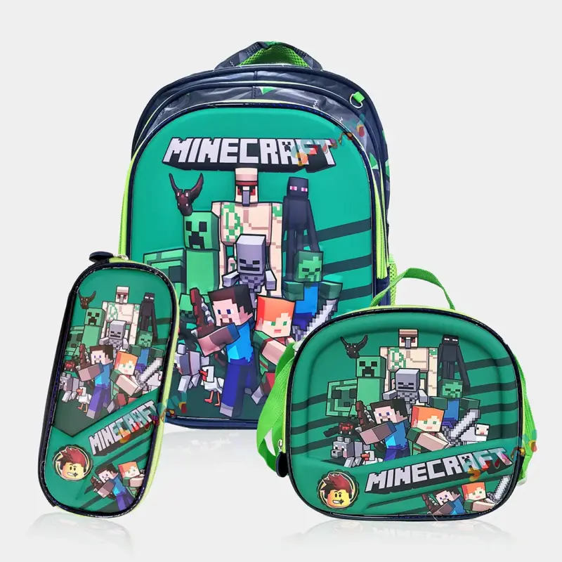 Conjunto Escolar Minecraft Mochila Lancheira e Estojo
