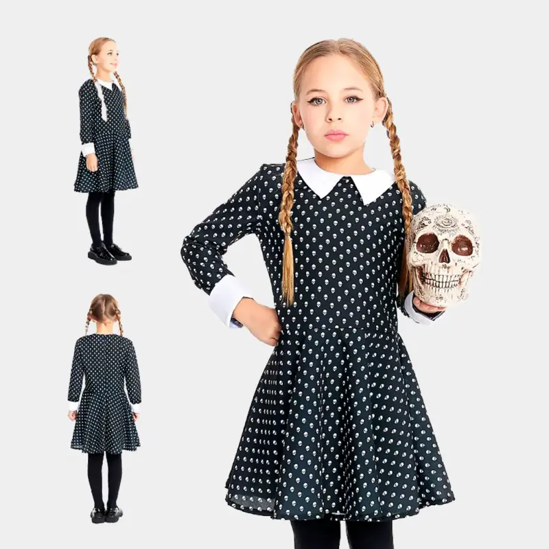 Vestido Curto Inspiração Wednesday Addams 5-15 Anos