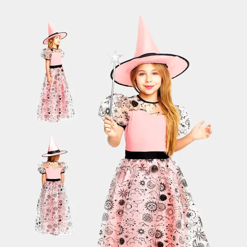 Vestido de Bruxa Rosa Disfarce 5-9 Anos